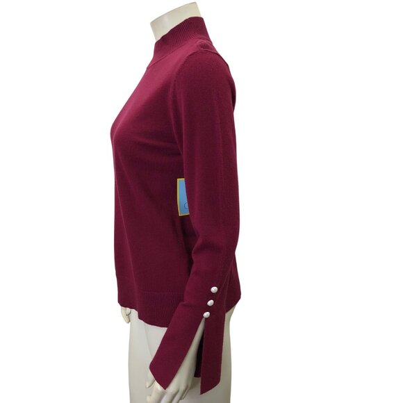 CeCe Womens Burgundy Mock Neck Sweater With Pearl Button‎ Cuffs M NWT - Picture 2 of 5